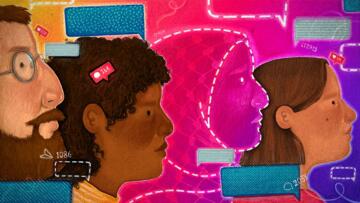Illustration of the side profiles of four people: a bearded person wearing glasses, a person with curly hair, a person wearing a hijab, and a person with short brown hair; the person wearing a hijab is drawn with a white dotted outline and is transparent, unlike the other three people.